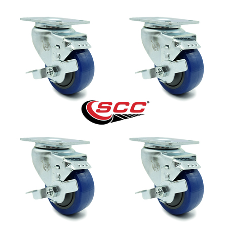 Service Caster 3 Inch Blue Polyurethane Wheel Swivel Top Plate Caster Set with Brake SCC SCC-20S314-PPUB-BLUE-TLB-TP2-4